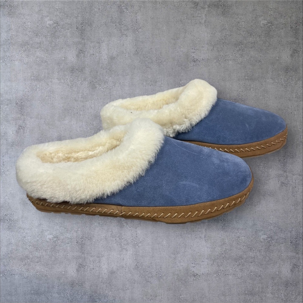LL Bean Wicked Good Squam Lake Blue Suede Slippers Womens 10 Shearling Lined